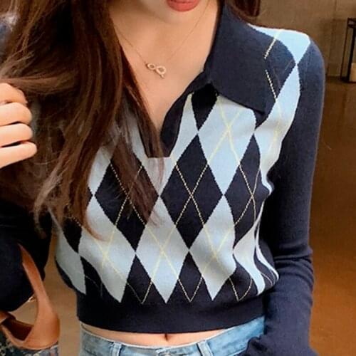 2021 Autumn Knitted Jumper Sweater V-neck Pullover Fashion Sweater College Style Sweaters Bottoms Clothes Pull Femme New 16474