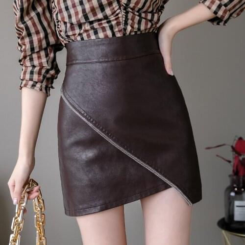 2021 Autumn Winter Women Leather Skirt Fashion Asymmetrical High Waist Zipper Mini Skirt High Street Chic PU Short Skirts