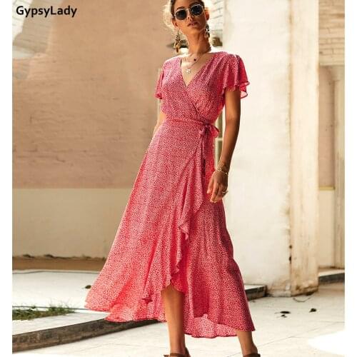 GypsyLady Vintage Floral Wrap Maxi Dress Summer Casual Chic Women Dress Ruffles Short Sleeve Boho Holiday Ladies Female Dresses