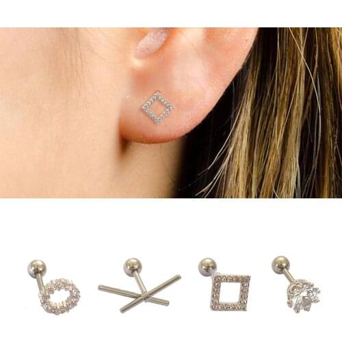 1Pc Stainless Steel CZ Cartilage Earrings Butterfly Square Earrings Helix Tragus Conch Screw Back Stud Ear Piercing Jewelry