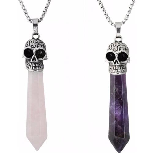 SUNYIK Hexagon Prism Crystal Gem Stone Skull Head Charm Pendant Fit Necklace (Free Chain)