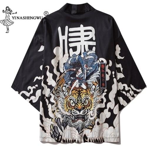 Japanese Tiger Kimono Cardigan Yukata Haori Men Samurai Costume Asian Clothes Kimonos Black Jacket Shirt Summer Beach Coat Tops