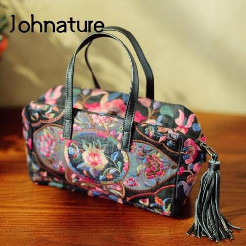 Johnature Retro Linen Women Bag 2021 New Original Design Luxury Embroidery Tassel Ethnic Style Versatile Female Handbag