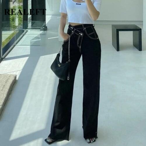REALEFT Autumn 2021 New Black Womens Jeans Mid Waist Denim Wide Leg Pants Retro Washed Streetwear Straight Trousers Female