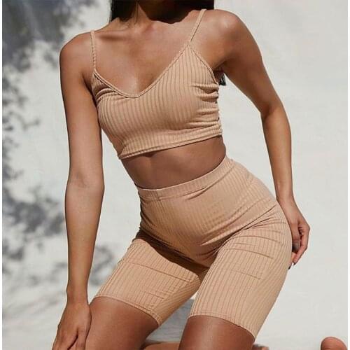 Women Sports Ribbed Tracksuit Set Spaghetti Strap Crop Top High Waisted Shorts