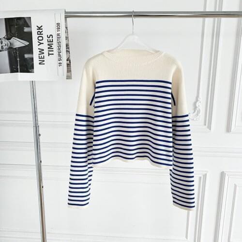 Women Blue Stripes Knitted Sweater Early Autumn New 2021 Long Sleeve Casual Simple Knitwear Pullover Top Female Jumpers