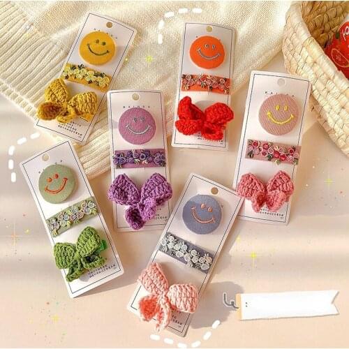 3 Pcs/Set Children Cute Colors Knitting Bow Smiley Ornament Hair Clips Girl Lovely Sweet Barrettes Hairpins Kid Hair Accessories
