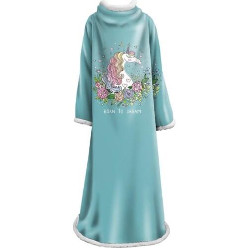 3D Cartoon Unicorn Blankets Blue Horse Plush Hooded Blanket Warm Travel Airplane Home Sofa Bed Fleece Blanket Throws With Sleeve