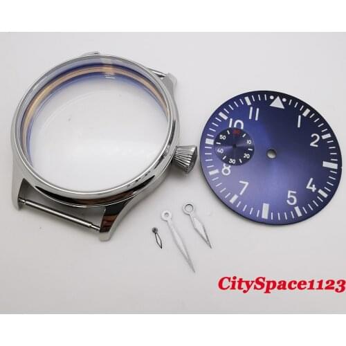 44mm Steel watch case Blue Luminous sterile watch Dial watch hands fit st36 ETA 6497 movement watch
