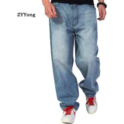 US Blue Straight Loose Baggy Hip Hop Harem Denim Jeans Men Wide Leg Cargo Pants Skateboard Streetwear Joggers Cowboy Trousers