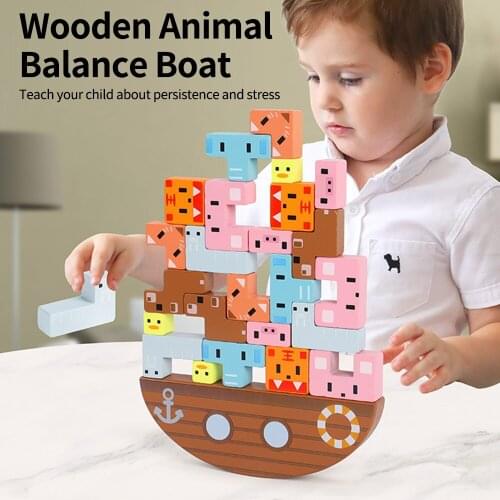 24Pcs/Set Montessori Wooden Animal Balance Boat Toys Educational Stacking High Wooden Toys Building Block Toy Gifts Kids Gift