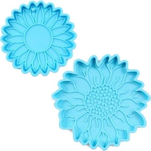 2Pcs Sunflower Coaster Keychain Silicone Resin Molds Flower Shape Resin Casting Molds Floral Resin Molds Kit Craft Tools
