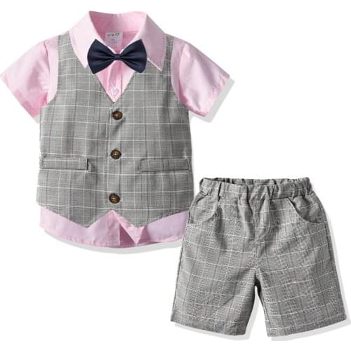 Toddler Summer Set for Boy Clothes Speech Suit Striped Vest + Shirt + Elastic Band Shorts + Bow 4 Pieces Children Costume