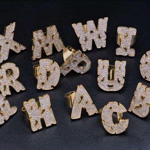 LuReen Hip Hop Broken Get Old 26 Letters Iced Out CZ Ring For Women Men Punk Cubic Zircon Rings Female Rapper Jewelry Gift