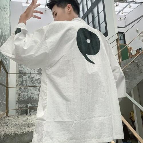 Men Three Quarter Sleeve Shirt Chinese Style Open Stitch Fashion Streetwear Summer Thin High Street Tops Oversize Casual Outwear