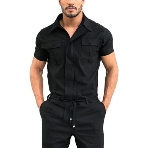 Men Short Sleeve Casual Basic Work Coverall Pure Color Cargo Overalls Street Wear Jumpsuit