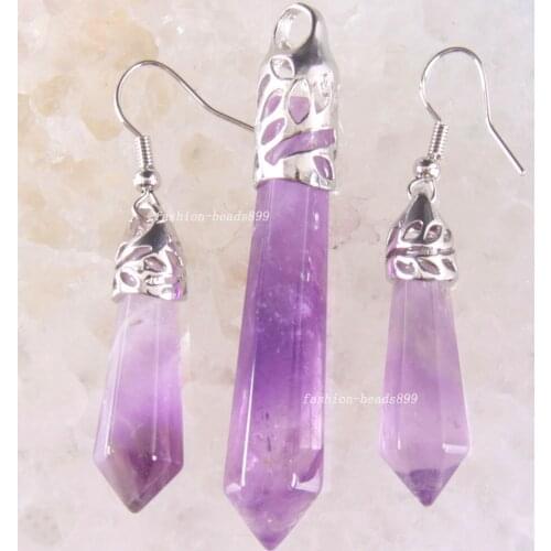 Purple Crystal Set Hexagonal Column Bead Natural Stone Pendant Earrings Jewelry Set for Women Men Gift K1673