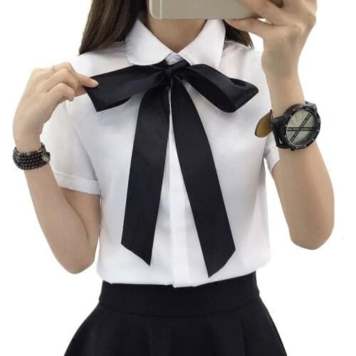 Cheap 2019 Fashion female elegant bow tie white blouses Chiffon turn down collar shirt Ladies tops school blouse Women PZ1338