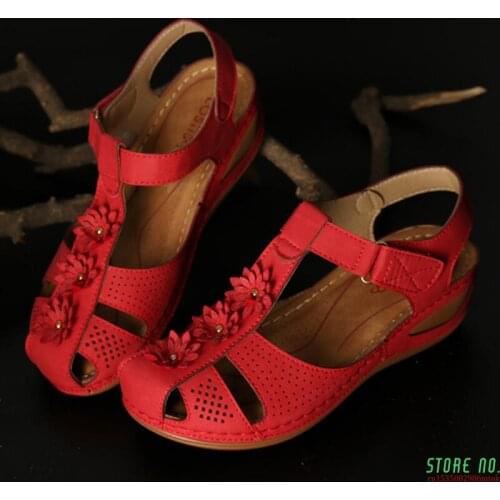 Summer Shoes Woman Sandals Hollow Round Toe Ladies Sandals Floral Ankle Beach Shoes Soft Bottom Sandalia Feminina Plus Size 44