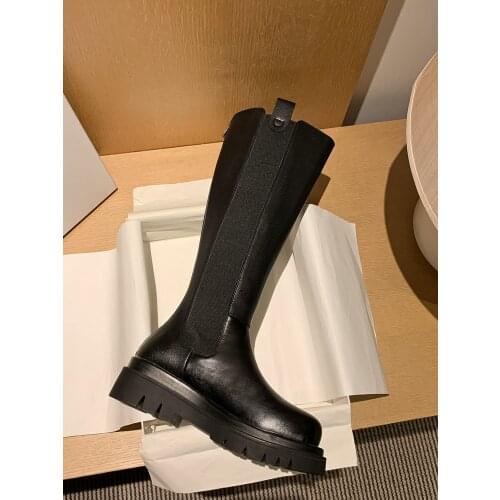 EshtonShero Winter Shoes Woman Leather Elastic Band Knee High Boots Slip On Flat Heel Round Toe Platform Riding Boots Size 3-9