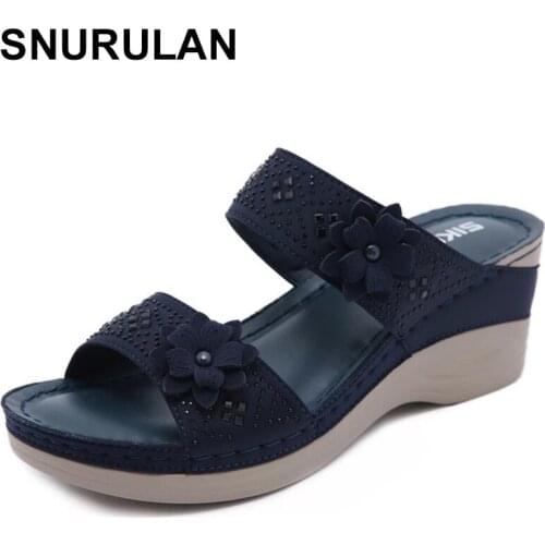 SNURULAN Summer Vintage Slippers Women Wedge Shoes Platform Sandals Women Open Toe Slides Flowers Ladies Shoes Sandalias