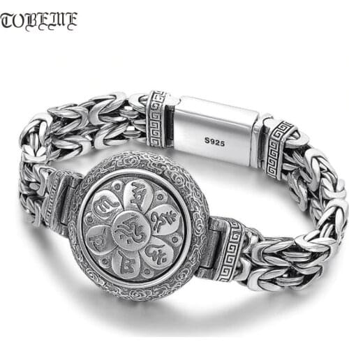 100% 925 Silver Tibetan Longevity Bracelet Tibetan Six Words Bracelet Buddhist Vajra Dorje Symbols Good Luck Man Bracelet
