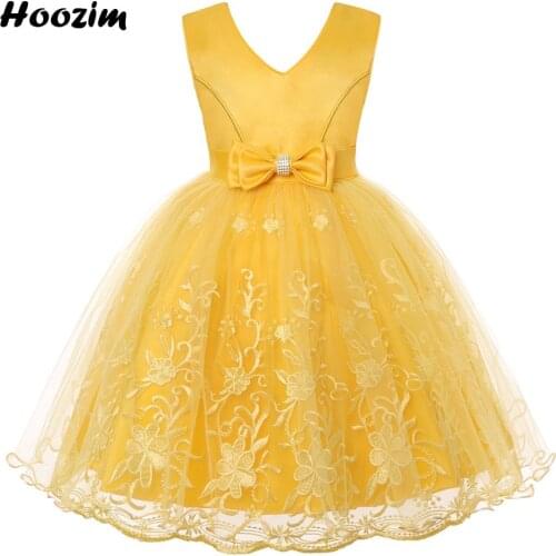 Yellow Front Bow V Neck Tulle Fluffy Prom And Pageant Dress Girls 4-10 Years Gorgeous Embroidery Flower party Dresses Children