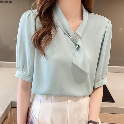 Houthion New Silk Short-sleeved Womens Blouse Comfortable Korean Tops Solid Color Fashion V-neck Casual Shirt Lady