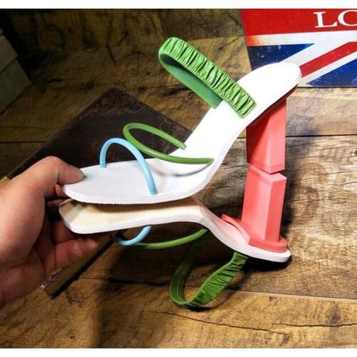 Summer Peach Pink Cub Heels Slipper Sandals Woman Strappy Open toe Slip on Fashion Street Outfit Shoes