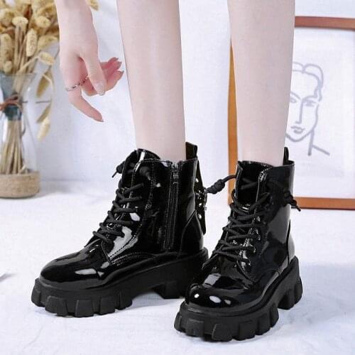 Round Toe Med Heel Boots Women Shoes Autumn Boots-women Booties Ladies Lace Up Luxury Designer Lolita Black 2021 Rubber Flat