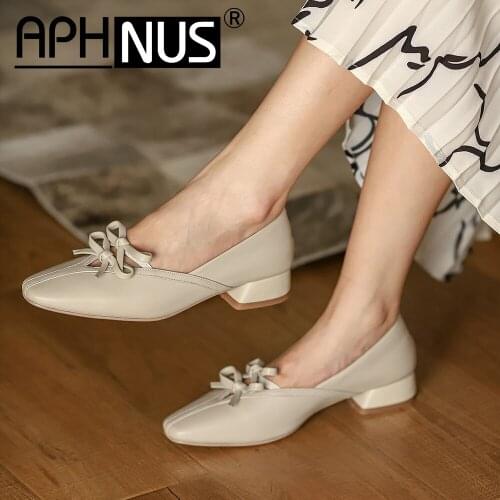 APHNUS Womens Bowtie Office Work Low Mid Heels Pumps Woman 2020 Shoes For Women New