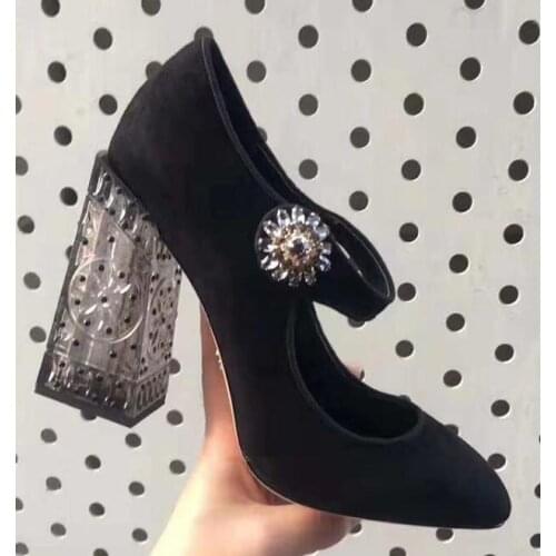 Moraima Snc Fashion Round Toe Woman High Heel Shoes Crystal Embellished Thick Heels Party Shoes Ankle Strap Mary Jane Shoe