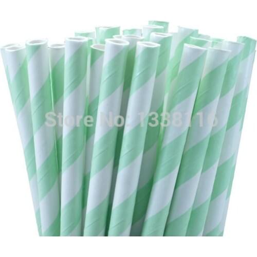 100pcs Mint Green Striped Paper Drinking Straws,For Birthday Wedding Party Decoration Supplies