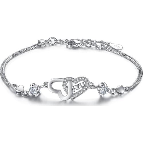 100% 925 sterling silver fashion heart design shiny crystal bracelets for women jewelry birthday gift wholeslae drop shipping