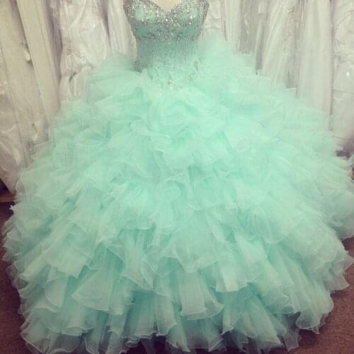 2016 Real Image Quinceanera Dresses Sweetheart Bead Crystal Backless Ruffles Ball Gown Floor Length Organza Mint Green Prom Gown