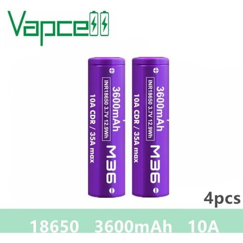 4pcs Free shipping Vapcell INR 18650 3600mAh 10A M36 3.7V Li ion battery rechargeable batteries for Power tool flashlights