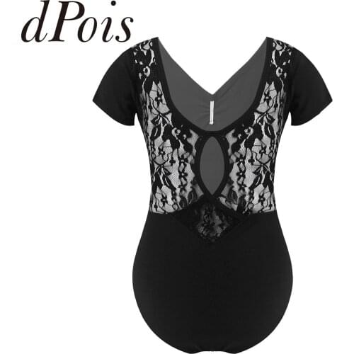 Kids Dance Wear Girls See Through Ruffled Lace Splice Leotard V Neck Short Sleeve Ballet Gymnastics Leotards Bodysuits Jumpsuit