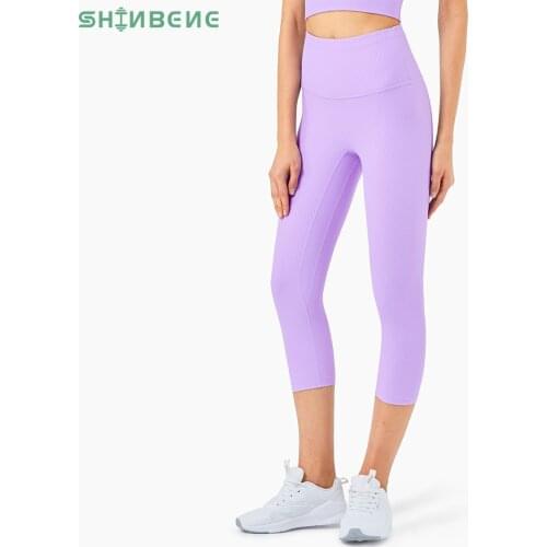 SHINBENE RIBBED Naked Feel Gym Workout Fitness Capri Leggings Women High Waist NO Camel Toe Sport Yoga Cropped Pants 3/4 Length