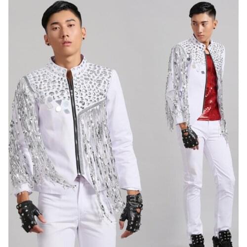 Men suits designs tassel homme white stage costumes for singers men sequin blazer dance clothes jacket style dress punk rock