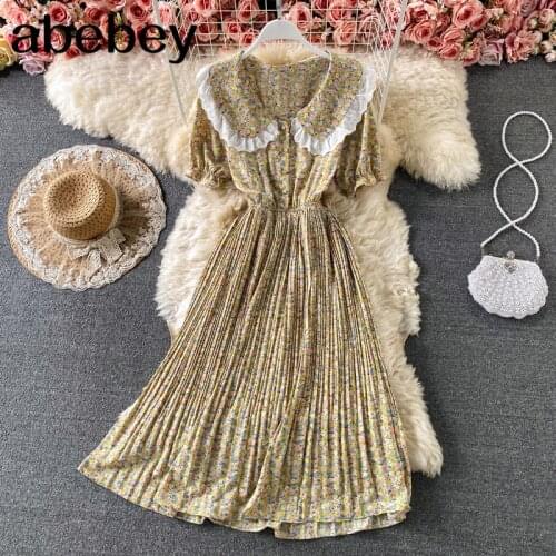 Women French Sweet Floral Dress Sweet Lace Peter Pan Collar Puff Sleeve Dress Summer Bohemian Print A-line Midi Dress