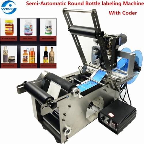 Semi-automatic Round Bottles Labels Stickers Applicator With Coder Stainless Body Adhesive Labeling Machine PET Glass Bottling