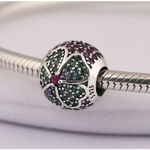 S925 Silver Bead Charm fit Lady Bangle Bracelet Glorious Bloom Multi-Colored CZ Pave Crystals Women DIY Jewelry