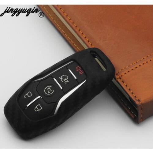 Jingyuqin Carbon Fiber Silicone Car key Cover Patten remote Keychain for Ford Edge Explorer Fusion 2015 2016 2017 M3N