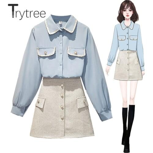 Trytree 2021 Spring Two piece Women set Casual Pockets Single Breasted Shirt + Plaid A-line Mini Skirt Office Lady 2 Piece Suit