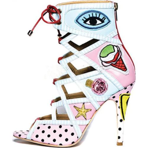 Woman Cute Multi Color Eyes Ice cream Print Ankle boots Peep Toe Gladiator Dot Stripe High Heels Sandals Female Lace-up Shoes