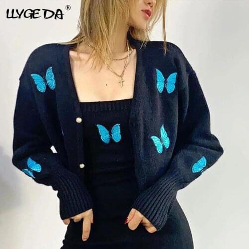 Embroidery Butterflies Knitted Women Cardigans Sweaters Warm Loose Lantern Sleeve Streetwear Fashion Sweet Ladies Short Knitwear