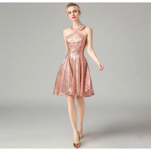 JaneVini Elegant Rose Gold Sequins Cocktail Dress Short Halter Bling Sequined Backless Knee Length Party Dresses for Women Prom