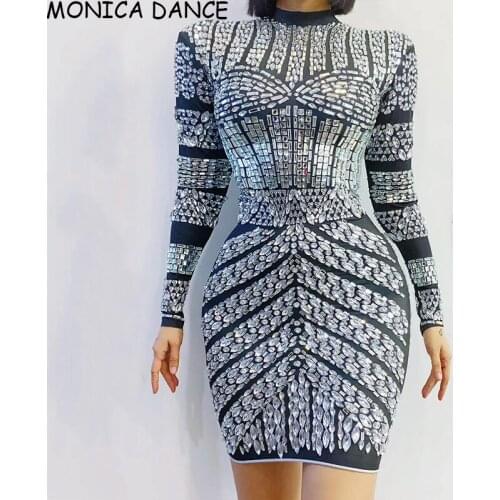 Women Sexy Stage Silver Rhinestones Big Elasticity Short Dress Womens Birthday Celebrate Outfit Dress Bar Evening Dancer Dress
