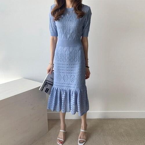2020 New Spring Knitted Vestidos Round Collar Short Sleeve Hollow Out Korean Fashion Women Mermaid Dress