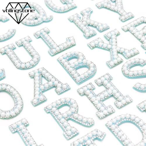 1Pcs Blue Base Pearl Letter Patches English Alphabet Rhinestone Patches For Clothes Pearl Beads Sew on Patch DIY Name Hat Bags